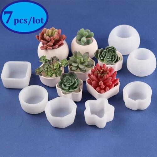 7pcs/lot Multi-style Concrete Pot Silicone Mold for Succulents Planter Plaster Resin Molds Tabletop Plants Potted Mould Supplies