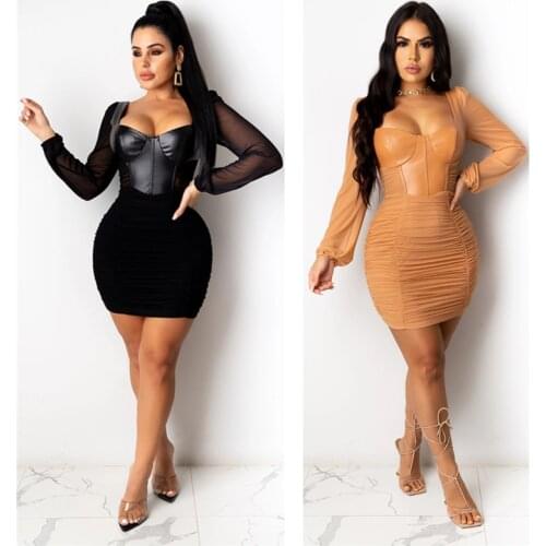 Adogirl PU Leather Sheer Mesh Patchwork Pleated Mini Dress for Women Sexy U Neck Long Sleeve Bodycon Night Club Dresses