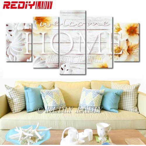 REDIY LADIY Diamond Embroidery Triptych Welcome Home 5 Panels Modular Picture 5D Diamond Painting Cross Stitch Wall Arts Crafts