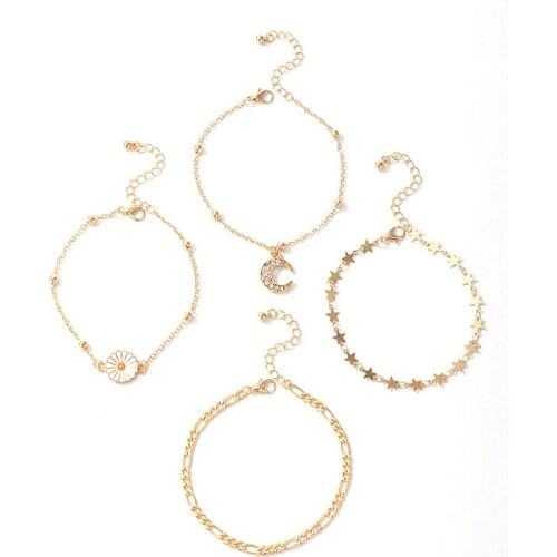 Ethnic Flower Moon Pendant Beads Anklet Natural Stone Chains Anklets Multilayers Set Women Charm Feet Ornament Jewelry