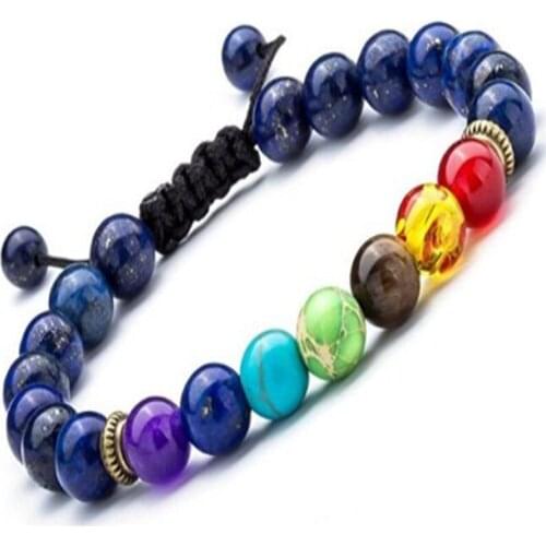 8mm Lapis lazuli 7 Chakra Gemstone Mala Bracelet pray Sutra Reiki Tibet silver yoga energy Stretchy Buddhism Bless Spirituality