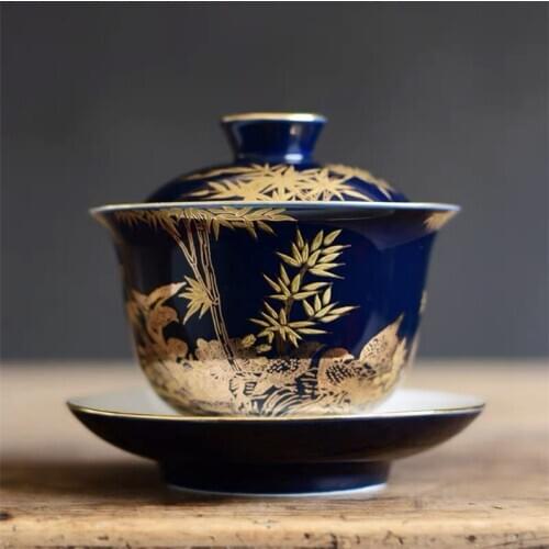 Jingdezhen Hand-painted Gold Enamel Ceramic Tea Tureen Indigo Glaze Sancai Tea Bowl with Cover Kung Fu Gaiwan Tea Cup Teaware