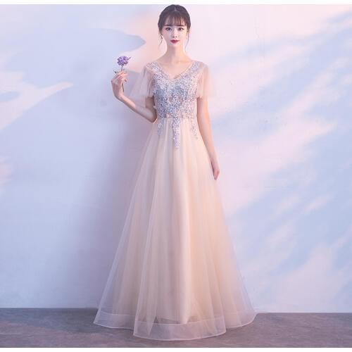 2019 New Long Champagne Evening Dress Short Sleeve Illusion V-neck Appliques Prom Party Dress a Line Formal Dress Robe De Soiree