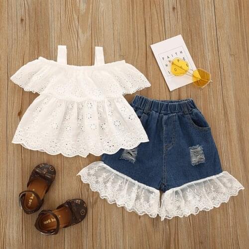 FOCUSNORM 1-4Y Summer Toddler Baby Girls Clothes Sets Off Shoulder Hollow Out Embroidery Blouses + Lace Patchwork Denim Shorts