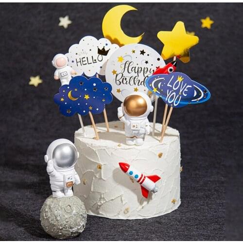 Outer Space Theme Cake Flags Decoration Banner Balloons UFO Spaceship Astronaut Bunting Hanging Banner For Kids Birthday Party