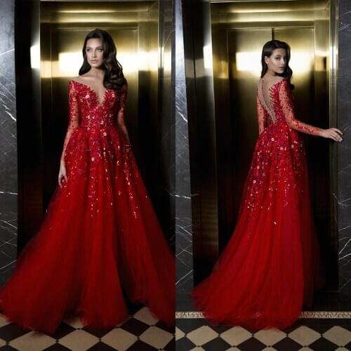 Red Evening Dresses A Line Jewel Neck Sequins Beads Long Sleeves Cheap Prom Dress Custom Made Vestidos Formal Party Gowns