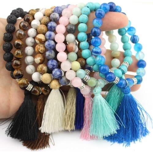 ZWPON Hot Sale Elastic Semi-precious Stone Beaded Tassel Bangles Bracelets for Women Fashion Mix Disco Ball Bracelet Jewelry