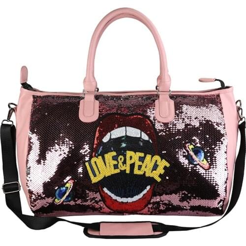 Fashion Shiny Sequins Travel Bag Women New Cartoon Letter Print Handbags Tote Duffel Bag Women New Fitness Sport Gym Bag Big Bag