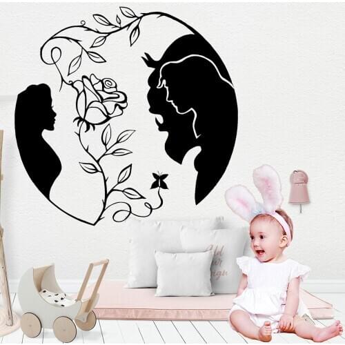 Cartoon Wall Stickers Beauty and the Beast With Rose Romantic Love Home Decoration Girls Bedroom Vinyl Nursery Wall Decals Y604