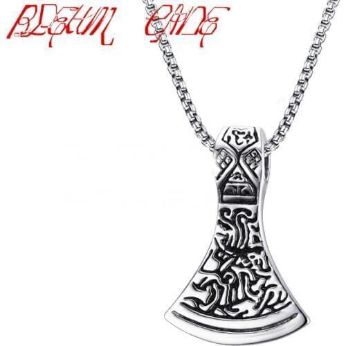 Mens Axe Head Norse Viking Scandinavian Pendant Necklace Thor Odin Loki Asgard Hammer Mjolnir Stainless Steel Jewelry