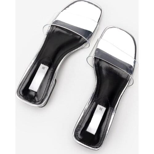 New Women Shoes Silver-white Thick High-heeled Sandals Transparent Word with Mid-heel and Open-toe Slippers Mujer Sapato