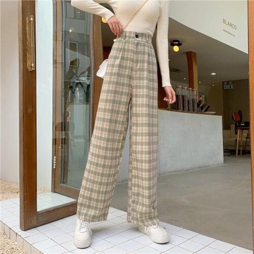 Simple Vintage Plaid Causal Long Women Pants Street Oversize Straight Wide Leg Pant Japan Francais Tracksuit Straight Trousers