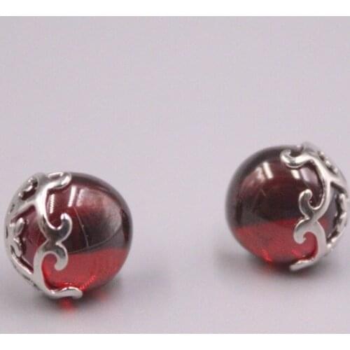 Genuine Real 925 Sterling Silver Floral with Round Garnet Stud Earrings 0.40inch Width