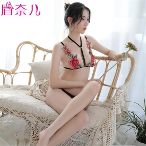 Sexy lingerie sexy rose embroidery open file three-point Underwear suit temptation lace sling perspective suit