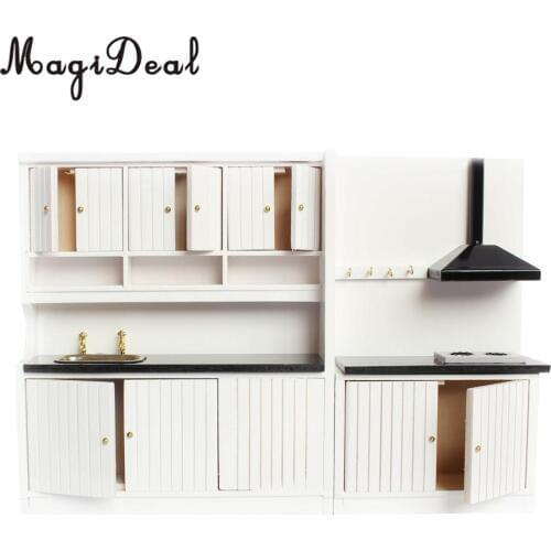 Modern Kitchen Set Wooden Furniture Model Kit for 1:12 Dollhouse Miniature Decoration