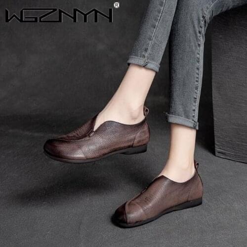 New Retro Handmade Slip on Women Flats Casual Shoes Genuine PU Leather Lady Soft Bottom Shoes for Mother Loafers Womens Shoes