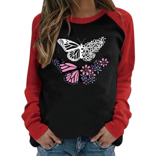 2021Autumn Winter Womens Butterfly Print Casual Elegant Chic Loose Streetwear Harajuku Ladies O Neck Top Tee круглым вырезом