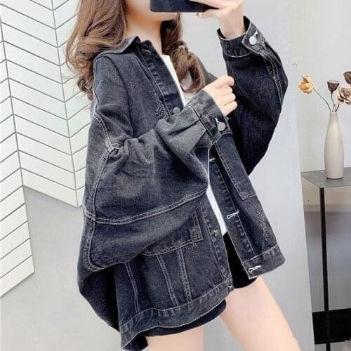 Woman Jacket Spring Autumn Black Blue Womens Denim Jacket Women Coat Bat Sleeve Denim Jacket Loose Square Neck Student Jackets