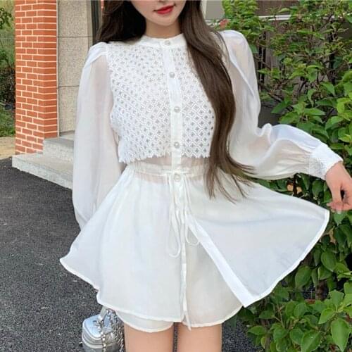 Autumn Streetwear Two Piece Set Women Long Sleeve Shirt Blouse + Elastic Waist Shorts Sets Fashion Pant Suits Casual 2 Piece Set