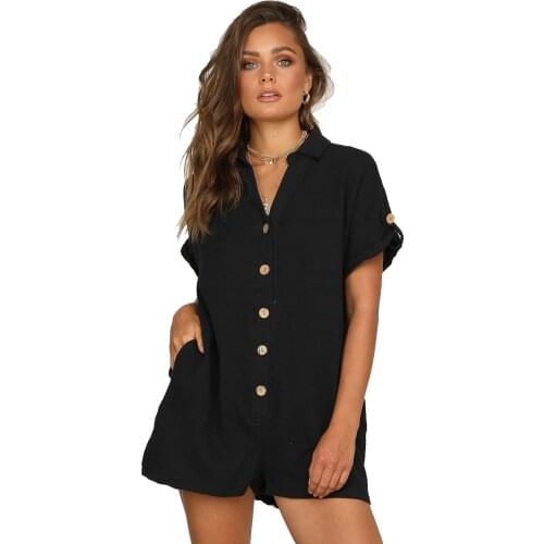 Women Summer Solid Color Lapel Shirt Button Jumpsuit Short-Sleeved Blended Low Waist Bohemian Lady Straight Hot Pants Rompers