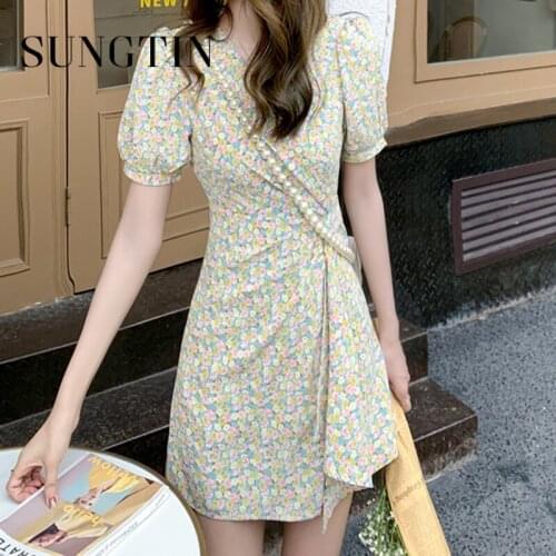 Sungtin Asymmetrical Floral Thin Mini Dress Women Design Lantern Sleeve V Neck Print Vestido Summer Korea Chic Empire Pink Dress