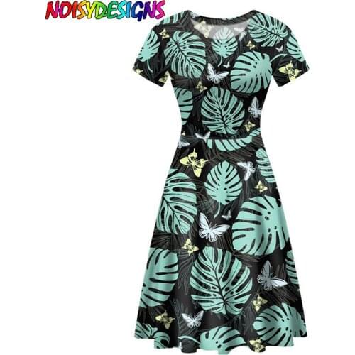 NOISYDESIGNS Hawaiian Style Summer Long Dress For Women Tropical Palm Leaves With Flowers Beach Wear O-Neck Vestidos Rope Mujer