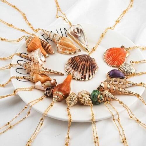 Boho Seashell Pendant Necklace Women Alloy Long Chain Round Charm Statement Choker Collar Necklace Jewelry Gift Collier Femme