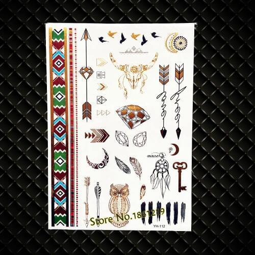 Gold Wise Owl Flash MEtallic Waterproof Tattoo Diamond Makeup Tips GYH-112 Fake Golden Temporary Tattoo Arrows Feather Designs