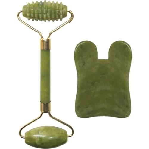 2 in 1 Jade Roller Facial Massager Natural Real Stone Guasha Massage Board Plate Scraper Set Face Care Lift Slimming Beauty Tool