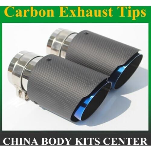 2x Newest Style Carbon fiber +Blue stainless steel universal exhaust system end pipe carbon car exhaust tip