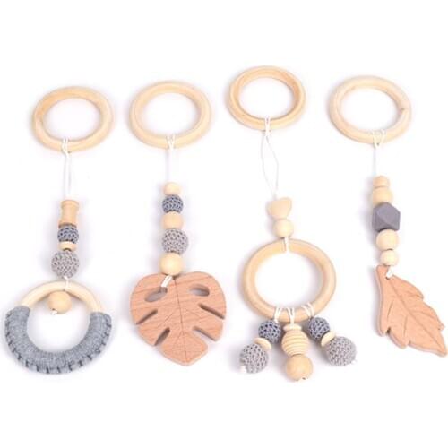 4Pcs/Set Baby Nordic Gym Frame Hanging Pendants Wooden Ring Teether Molar Gifts F3ME