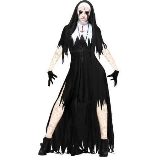 4PCS Halloween Nun Cosplay Costume Women Black Terror Vampire Demons Fantasy Dress Sets For Adults Party Game C47581AD