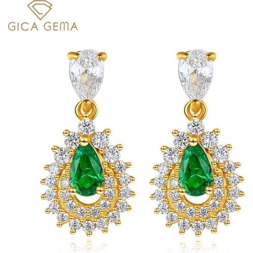 GICA GEMA Emerald Earrings For Women 925 Silver Water Drop Shape Zircon Stud Earrings Vintage Engagement Weeding Fine Jewelry