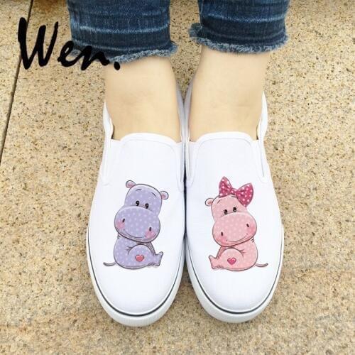 Wen Cute Bowknot Baby Boy Girl Cartoon Hippo White Sneakers Women Original Design Slip On Black Men Canvas Skateboard Shoes