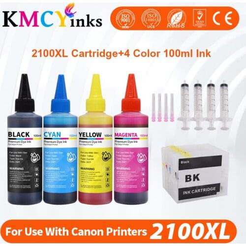KMCYinks PGI-2100 Refillable Ink Cartridge + 4 Bottle Dye Ink for Canon MAXIFY Ib4010 IB4110 MB5110 MB5310 Printer for PGI2100