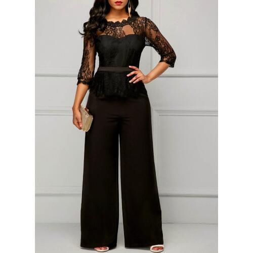 Elegant Sexy Jumpsuits Women Long Sleeve Lace Patchwork Jumpsuit Loose Trousers Wide Leg Pants Rompers Holiday Black Overalls