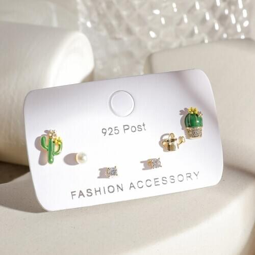 Lovely Cactus Potted Pearl Zircon Stud Earrings Set For Women Geometric 6-piece Earrings Set Jewelry Gifts Wholesale S-E1212