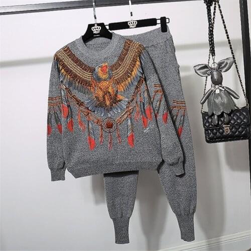 Korean Beading Cartoons Eagle Pattern Knitted Tracksuit Set Women Loose Black Knit Sweater Pencil Pants Two Piece Outfits Female