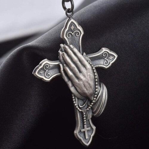 Christian Style Cross Prayer Hand Pendant Necklace Retro Catholic Necklace Mens and Womens Amulet Jewelry Blessing Gift