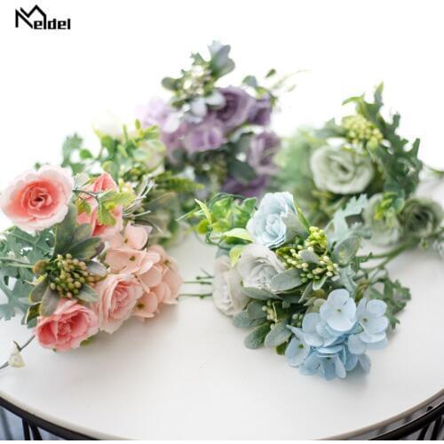 Meldel Mini Bouquet Silk Rose Artificial Flower Fake Hydrangea DIY Flower Arrangement Purple Home Party Wedding Table Decoration