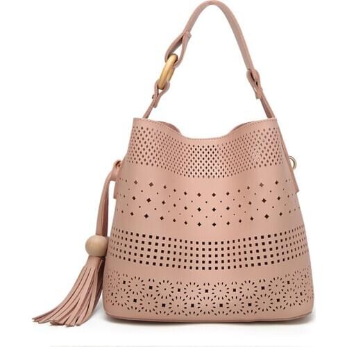 Fashion Hollow Solid Bucket Bags Women PU Leather Soft Composite Handbags Casual Shoulder Bags Female