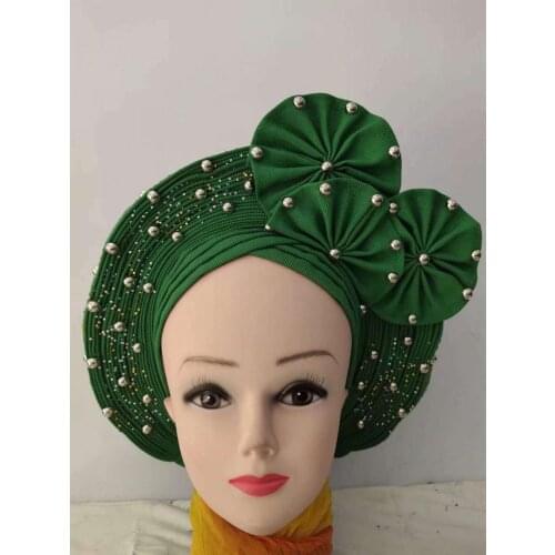 Wholesale Green Nigerian Gel Headgear, With Stone Bead, Already Made Auto, Turban, Afro Aso Ebi Gel Aso Oke,Wide Brim Headgear