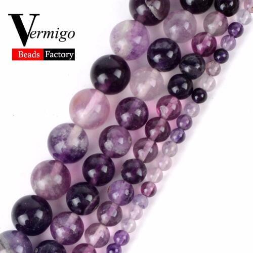 Wholesale Natural Gems Stone Beads Purple Fluorite Round Loose Beads For Jewerly Making 4-10mm Pick Size Diy Bracelet 15"
