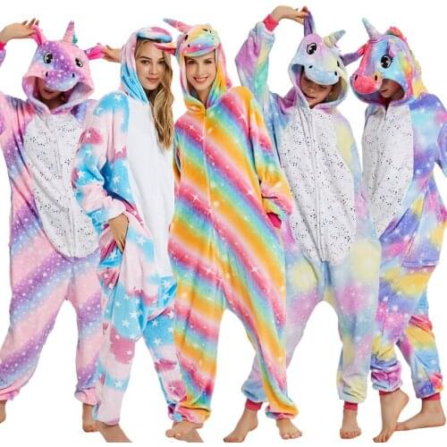 Unicorn Pajamas Winter Flannel Cartoon Sleepwear Unisex Animal Panda Fox Wolf Pajamas Adult Onesies Women Men Nightwear Homewear