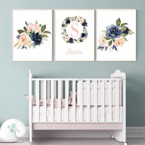 Custom Name Navy Blush Floral Monogram Nursery Canvas Painting Print Poster Picture Wall Art for Kids Room Bedroom Home Decor