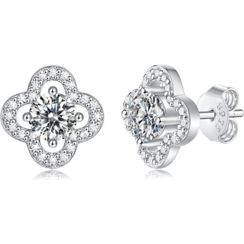 Passed Diamond Test Excellent Moissanite Diamond 925 Sterling Silver Clover Ear Studs Gem Womens Luxury Engagement Jewelry