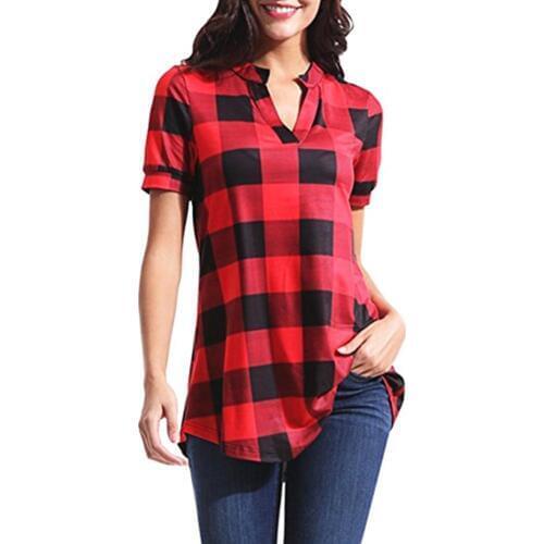 Summer Casual Womens Girls Shirt Short Sleeve V Neck Color Block Plaid Print Slim Fit blouse Simple Style Tunic Tops Streetwear