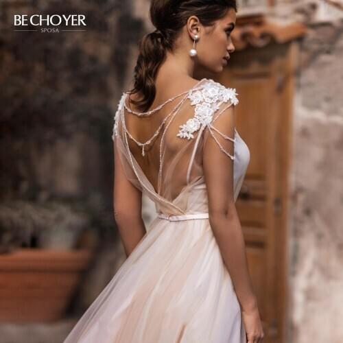Wedding Dress Beaded Backless Sweetheart Sleeveless Appliques Flowers A-Line Princess BECHOYER N168 Bride Gown Vestido De Noiva
