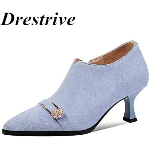 Drestrive Women Pumps Pointed Toe Zipper Metal Knot Kid Suede Big Size 42 Light Blue 2021 Autumn Thin High Heel Shoes