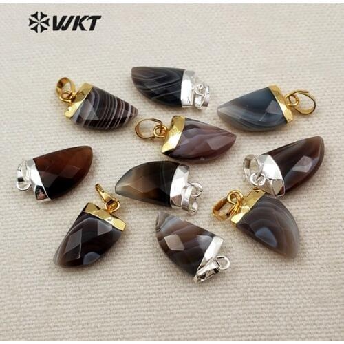 WT-P1267 Wholesale Fashion Brown A-gate Pendant With gold electroplated The Hat Tooth Shape horn Pendant For Jewelry DIY Making
